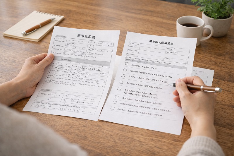 就労証明書と入園申請書の内容を確認している様子