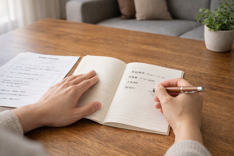 入園希望理由を書くために家庭状況を整理している保護者の手元