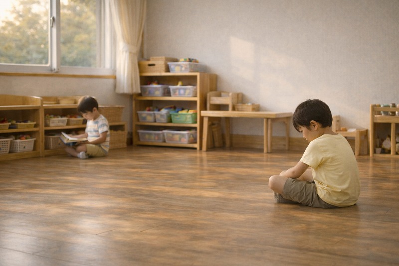 夕方の保育室で、子ども達がそれぞれの時間を静かに過ごしている様子