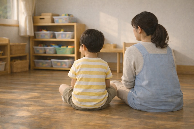 床に座る子どものそばで、保育士が同じ目線で静かに寄り添っている場面