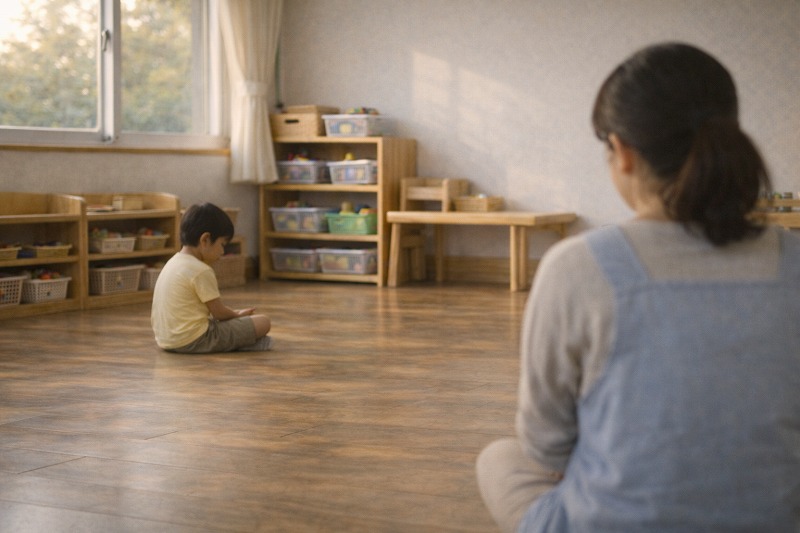 保育室で、子どもを少し離れた場所から大人が静かに見守っている様子