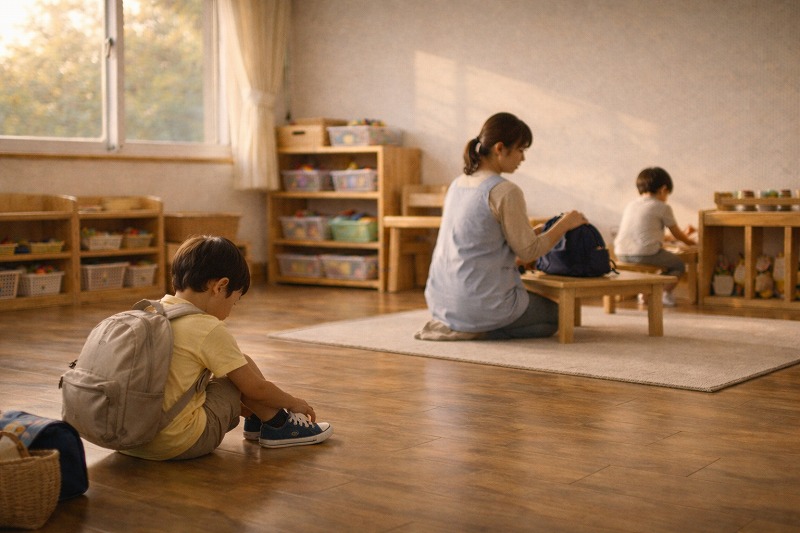 夕方の保育室で、帰り支度の前に静かな時間を過ごしている様子