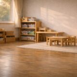 夕方の保育室の一角に差し込む、やわらかな自然光のある静かな空間