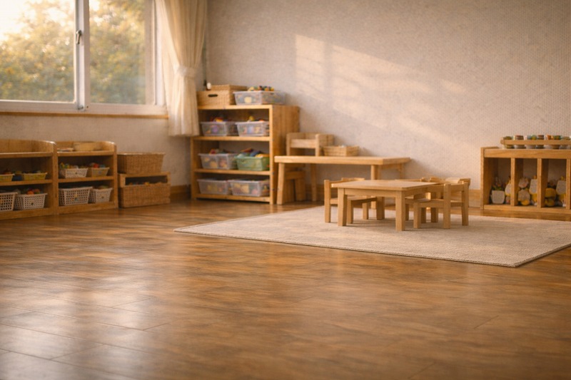 夕方の保育室の一角に差し込む、やわらかな自然光のある静かな空間