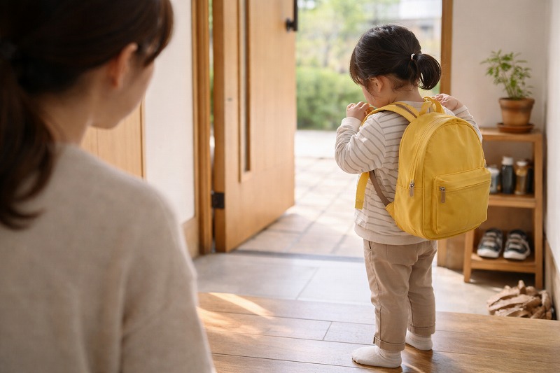 登園準備をする子どもを見守る保護者の朝の様子