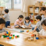 保育園の室内で、子どもたちがそれぞれの遊びを楽しんでいる穏やかな日常の様子
