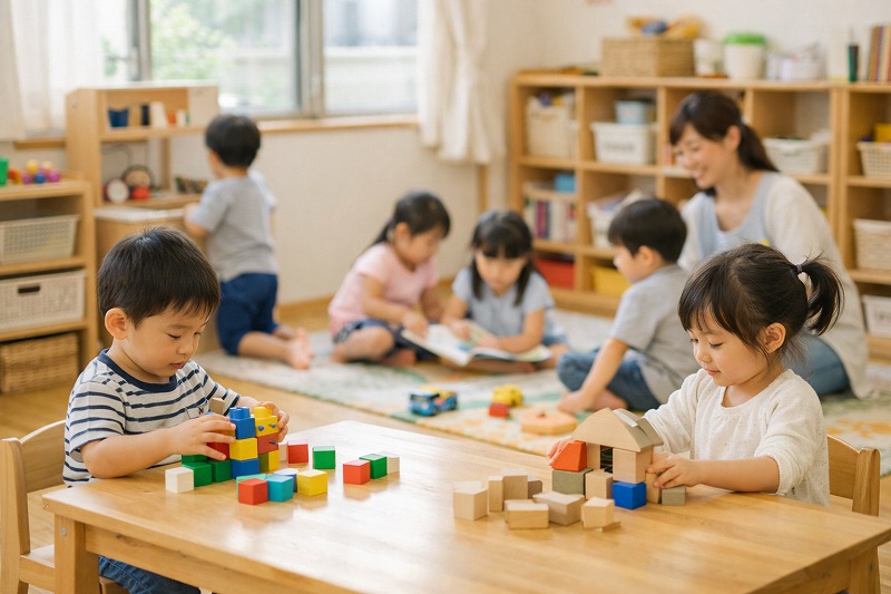 保育園の室内で、子どもたちがそれぞれの遊びを楽しんでいる穏やかな日常の様子
