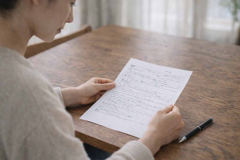 保育園入園申請書を静かに読み返している保護者の手元