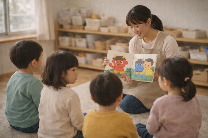 節分の絵本を読み聞かせする保育士と、少し緊張しながら話を聞く子どもたち。