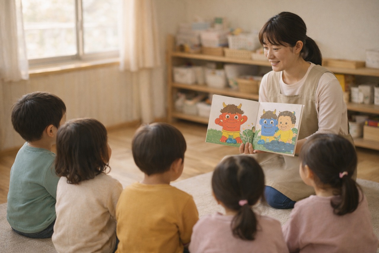 保育士が節分の絵本を読み聞かせし、子どもたちが安心した表情で聞いている保育園の一場面。