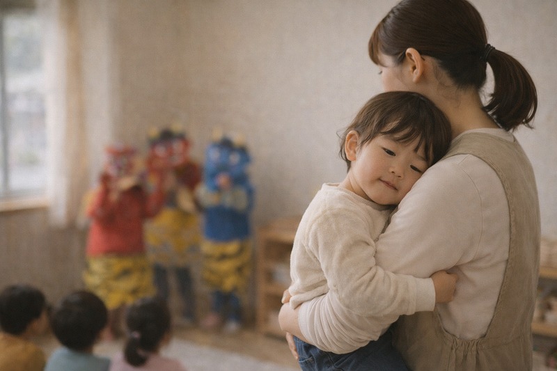 節分行事の最中、保育士に抱っこされて安心した表情を見せる子どもの様子。