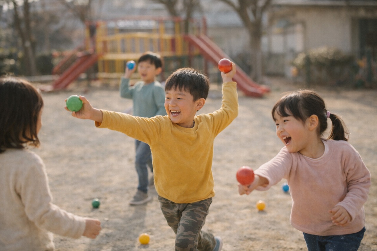 保育園の園庭で節分の豆まき遊びを楽しむ子どもたち。行事を体験する生き生きとした様子。