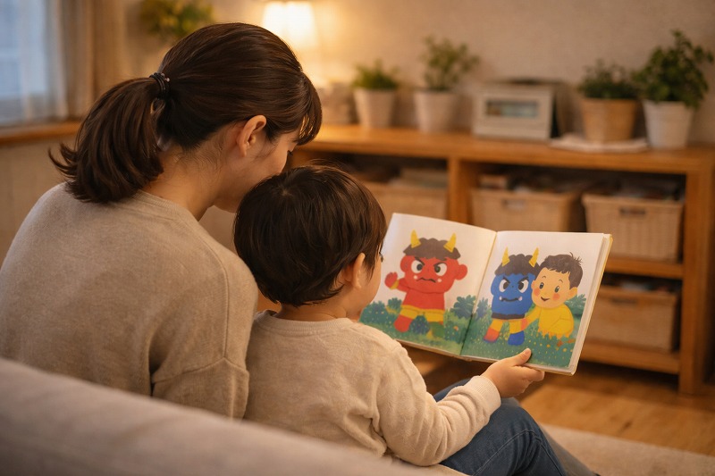 夕方の家庭で、親子が並んで節分の絵本を読んでいる穏やかな時間。