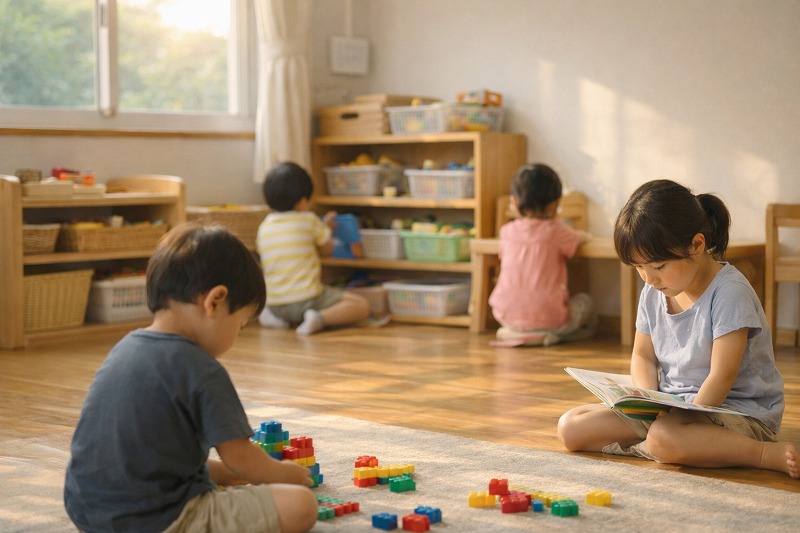 夕方の保育室で、子ども達がそれぞれのペースで穏やかに過ごしている様子