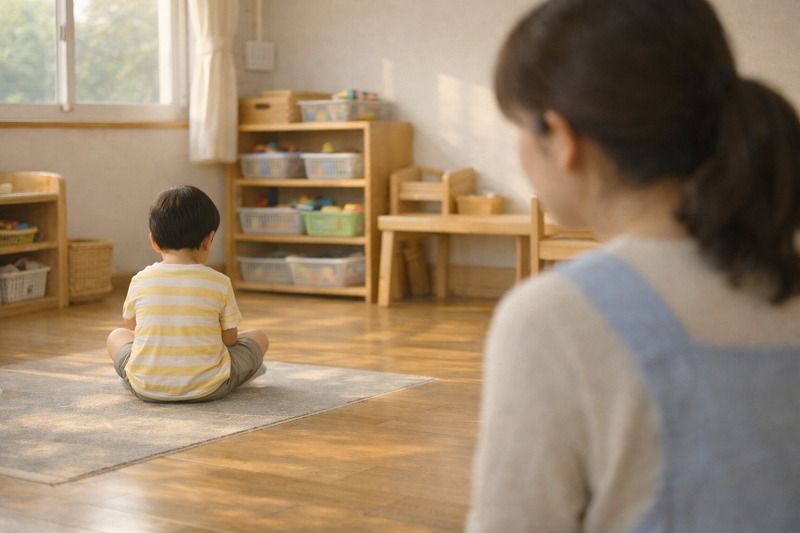 何もせず座る子どもを、大人が静かに見守っている保育室の様子