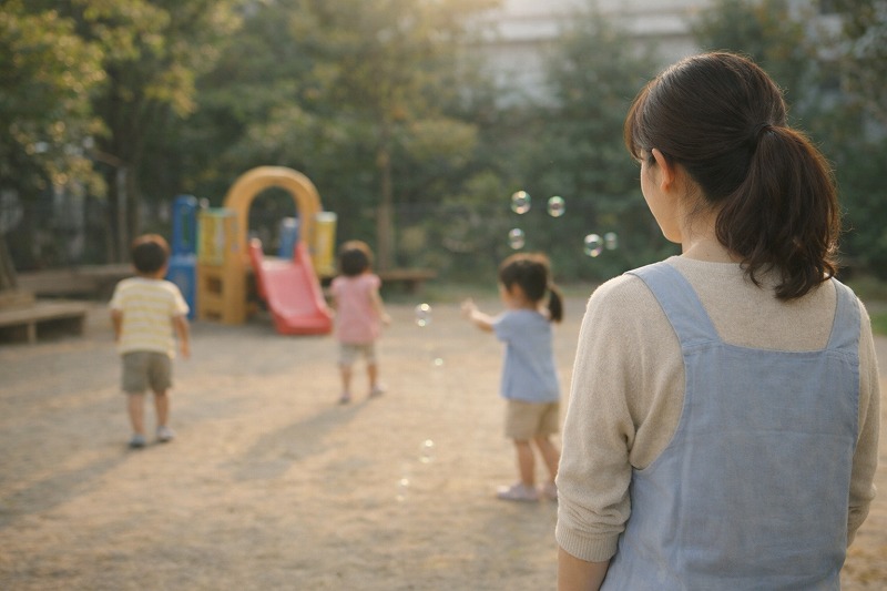 園庭で遊ぶ子どもを、少し離れた場所から大人が見守っている後ろ姿