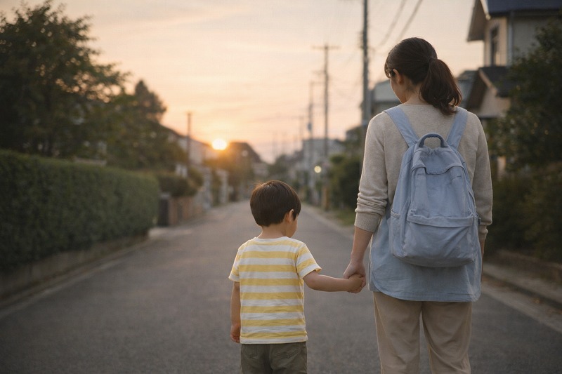 夕方の帰り道で、親子が手をつないで歩いている後ろ姿