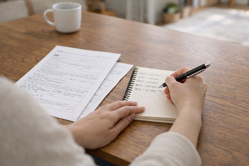 勤務時間などを書き出しながら入園希望理由を整理している様子