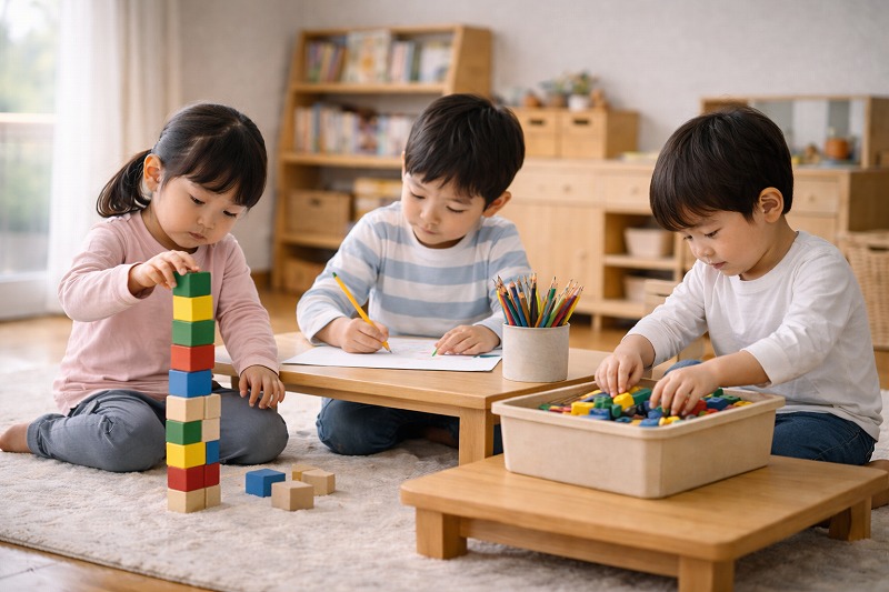 机に向かって静かに遊びに集中している血液型A型の子どもたち