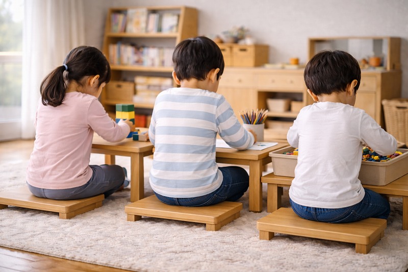 机に向かって静かに遊びに集中している子どもの後ろ姿