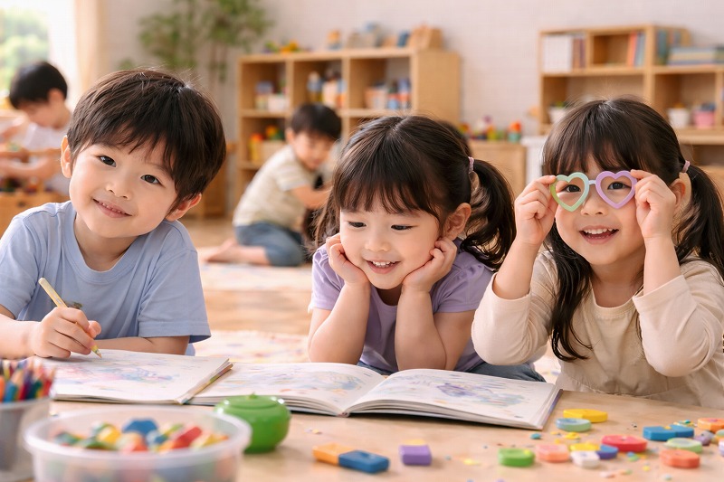 保育園の室内で、血液型AB型子どもたちがそれぞれ自由に遊びを広げている様子