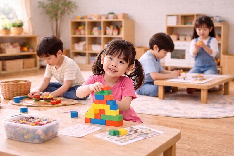 保育園の室内で、血液型B型の子どもたちがそれぞれ自由に遊びを広げている様子