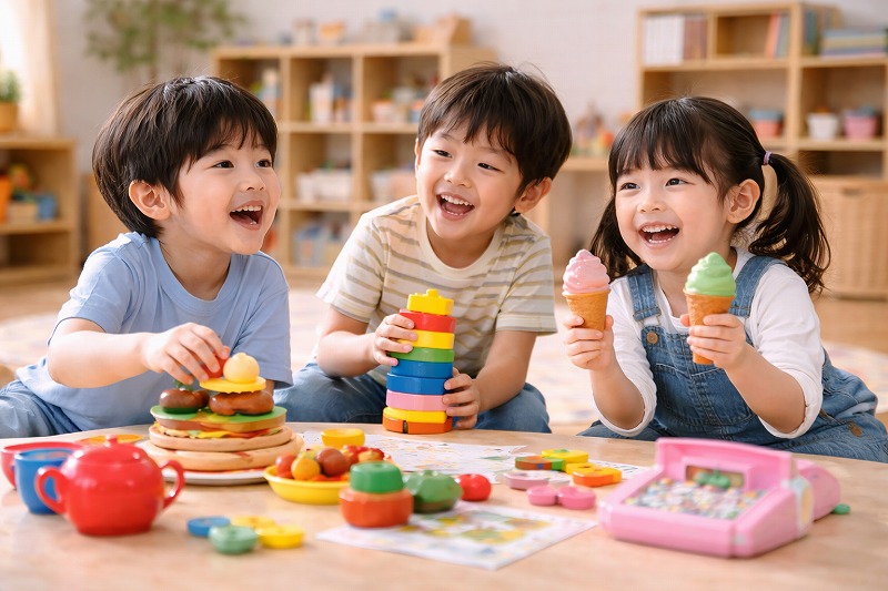 保育園の室内で、血液型O型の子どもたちが楽しそうに関わり合って遊んでいる様子