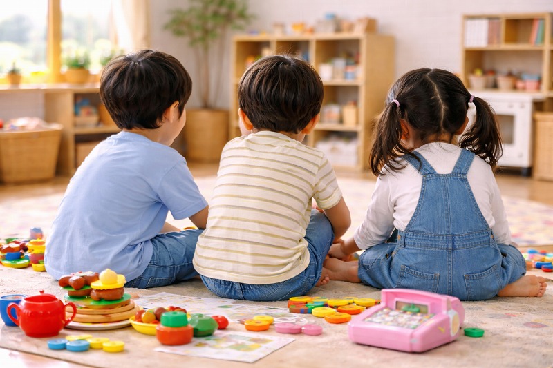 友だちと関わりながら遊んでいる子どもたちの後ろ姿