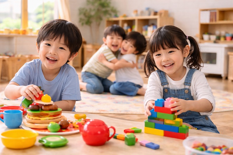 保育園の室内で、血液型O型子どもたちがそれぞれ自由に遊びを広げている様子