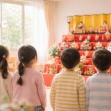 春のやわらかな光が差し込む保育室で、ひな人形を静かに見つめる子どもたちの後ろ姿の様子。