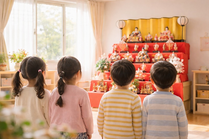 春のやわらかな光が差し込む保育室で、ひな人形を静かに見つめる子どもたちの後ろ姿の様子。
