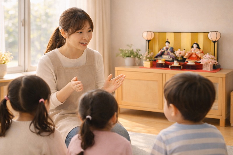 春の光が差し込む保育室で、ひな祭りについてやさしく話す保育士と静かに聞く園児たちの様子。