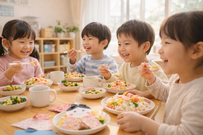 保育園の給食時間、ひな祭り特別メニュー(ちらし寿司、すまし汁、菜の花のおひたしなど)が並ぶテーブルを囲む日本人の園児たち。
