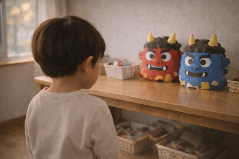 節分行事後、落ち着いた様子で鬼のお面を見ている子どもの後ろ姿。