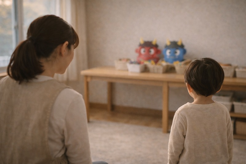 節分前の保育室で、鬼のお面を少し離れて見ている子どもの後ろ姿。
