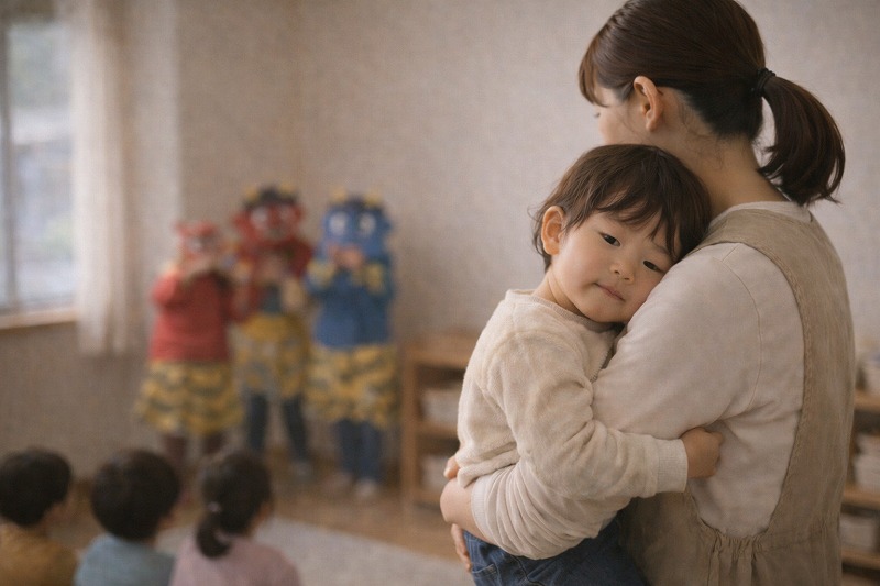 節分行事の最中、保育士に抱っこされて安心している子どもの様子。