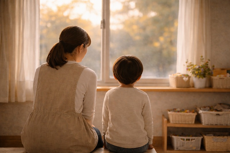 夕方の保育室で、窓辺に並んで座る保育士と子どもの後ろ姿。