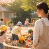 春の保育園の園庭で遊ぶ子どもたちを見守る保育士。年度末の穏やかな園の雰囲気を感じる風景。