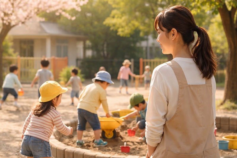 春の保育園の園庭で遊ぶ子どもたちを見守る保育士。年度末の穏やかな園の雰囲気を感じる風景。