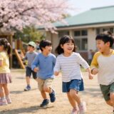 春の保育園の園庭で遊ぶ年長児たちの様子。やわらかな自然光の中で笑顔で過ごす子どもたちから、卒園を迎える成長と温かい雰囲気が伝わるシーン。