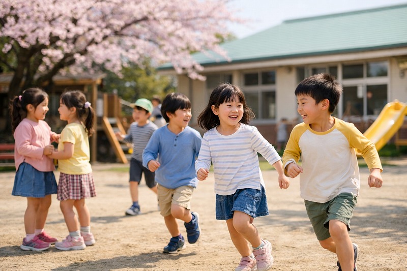 春の保育園の園庭で遊ぶ年長児たちの様子。やわらかな自然光の中で笑顔で過ごす子どもたちから、卒園を迎える成長と温かい雰囲気が伝わるシーン。