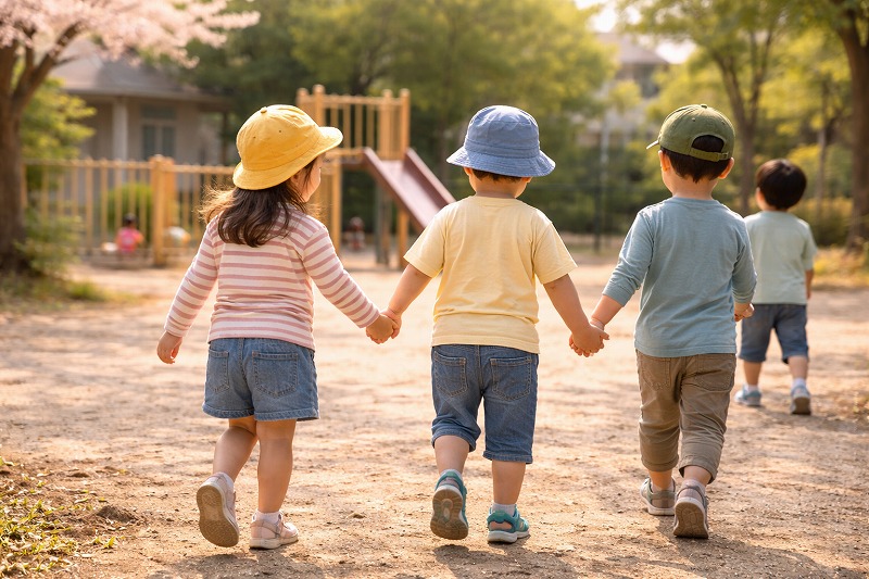 保育園の園庭で友だちと手をつないで歩く園児たちの後ろ姿。子ども同士の関わりを感じる場面。