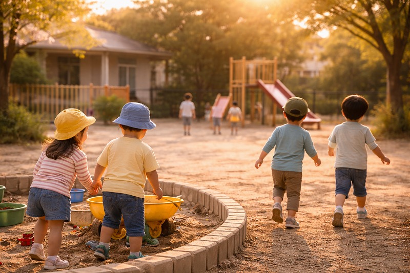 夕方のやわらかな光の中、保育園の園庭で遊ぶ子どもたちの後ろ姿。穏やかな園の一日の終わり。