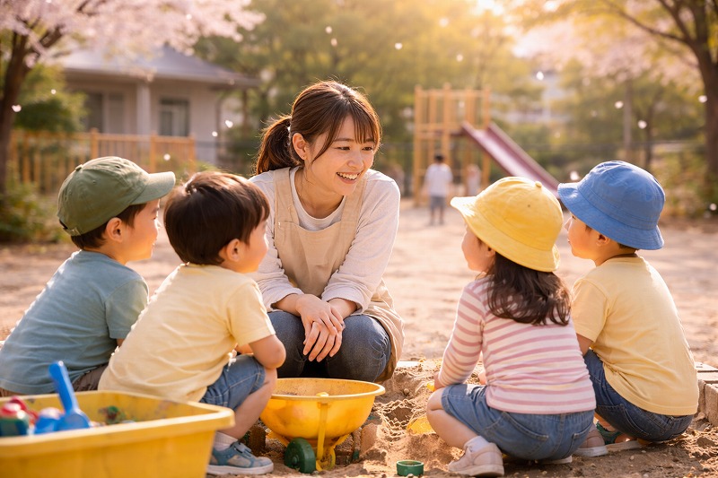 春の保育園の園庭で子どもたちを見守る保育士。卒園や進級の季節の穏やかな園の様子。