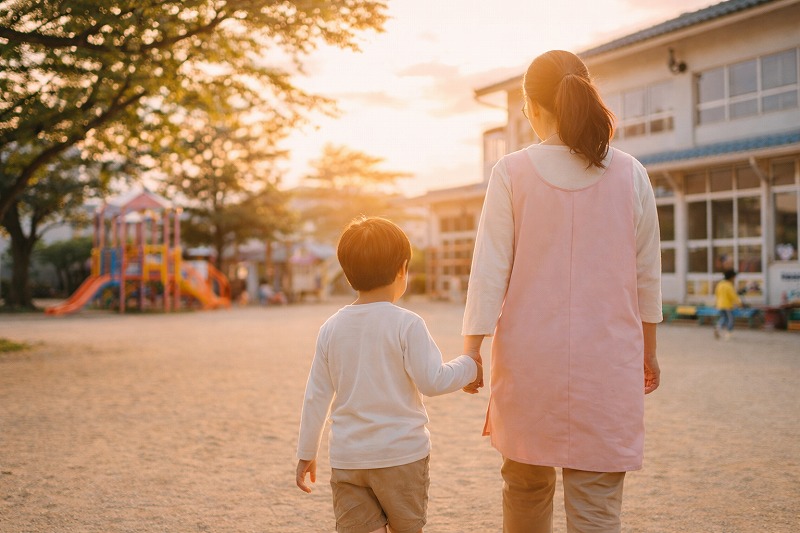夕方のやわらかな光の中、保育士と子どもが並んで歩く後ろ姿。卒園を前にした穏やかな時間と、安心感に包まれた保育園のひととき。