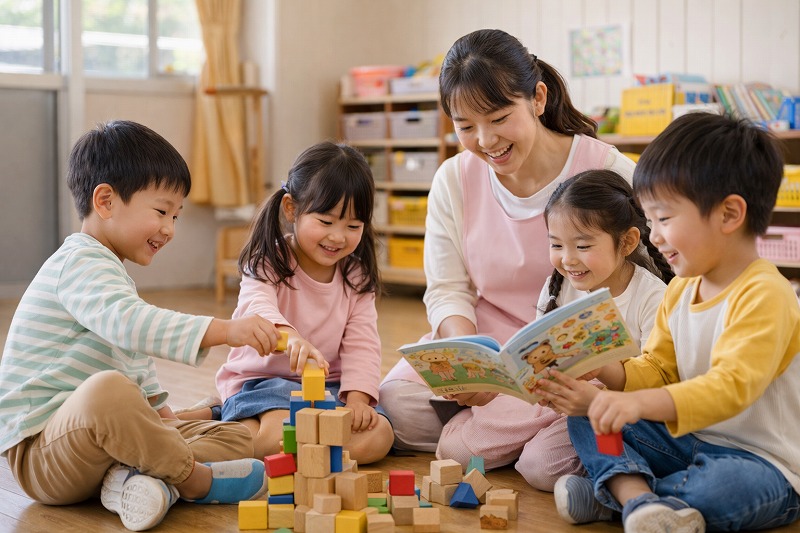 保育室で保育士と子どもたちが積み木遊びや読み聞かせを楽しむ様子。温かな自然光の中で笑顔あふれる保育園の日常と安心できる環境が伝わるシーン。