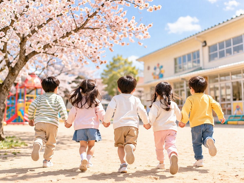 春の保育園の園庭で手をつなぎながら走る年長児たちの後ろ姿。卒園を前にした子どもたちの成長と、友だちとの楽しい日常が感じられる場面。