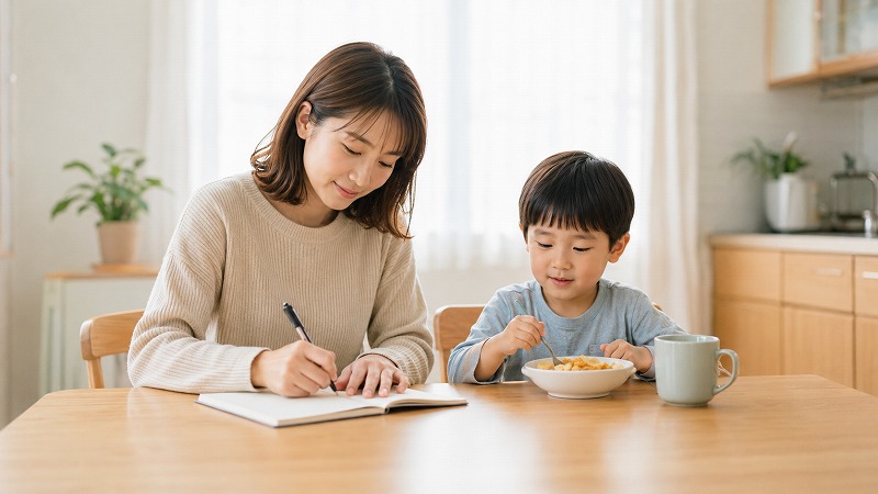 朝食を食べる子どもを見守りながら、連絡帳に記入する母親の様子