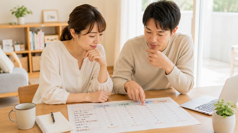 保育園比較表を見ながら相談する夫婦