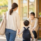 朝の保育園で、保育士に迎えられながら安心した様子で登園する親子の風景